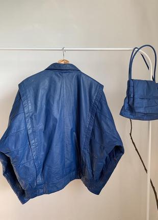 Синій шкіряний бомбер. шкіряна синя куртка branded made in korea2 фото
