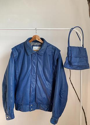 Синій шкіряний бомбер. шкіряна синя куртка branded made in korea