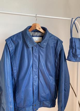 Синій шкіряний бомбер. шкіряна синя куртка branded made in korea4 фото