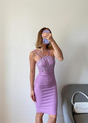 Вечернее лавандовое платье миди3 фото