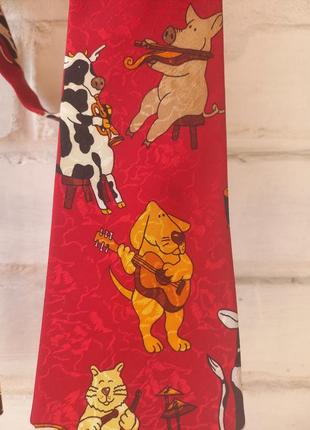 Крутой винтажный шелковый галстук  с собакой, котом, коровой и свиньей