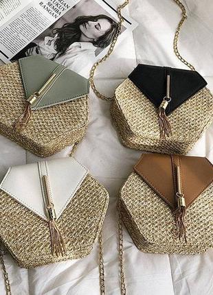 Жіноча міні сумочка клатч плетені солом'яні маленька сумка шестигранна коричневий7 фото