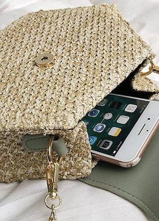Жіноча міні сумочка клатч плетені солом'яні маленька сумка шестигранна коричневий5 фото