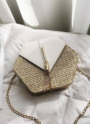 Женская мини сумочка клатч плетеные соломенные маленькая сумка шестигранная белый4 фото
