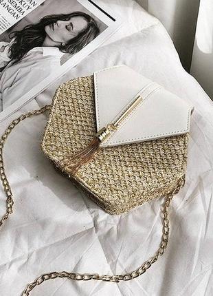 Женская мини сумочка клатч плетеные соломенные маленькая сумка шестигранная белый3 фото