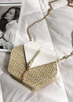 Женская мини сумочка клатч плетеные соломенные маленькая сумка шестигранная белый6 фото