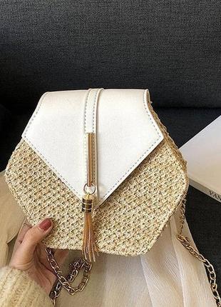 Женская мини сумочка клатч плетеные соломенные маленькая сумка шестигранная белый2 фото