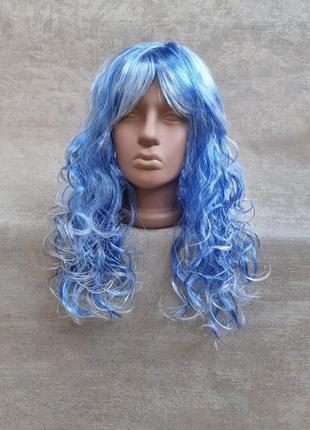 Парик синий с белим карнавальный с длинными волосами