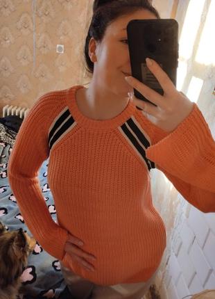 Джемпер удлиненный оранжевый вязаный осень зима туника вязка полоска свитер кофта женская яркая7 фото