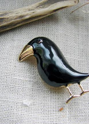 Милая брошка с вороной маленькая черная брошь птичка
