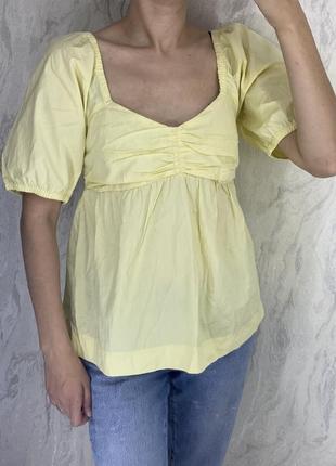 Желтая блуза рубашка рукав волан1 фото