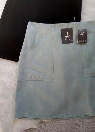 Голубая мятная замшевая юбка трапеция с карманами короткая мини3 фото