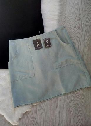 Голубая мятная замшевая юбка трапеция с карманами короткая мини1 фото