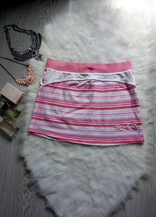 Спортивная мини юбка на резинке в белая розовая полоска короткая хлопок стрейч h&m