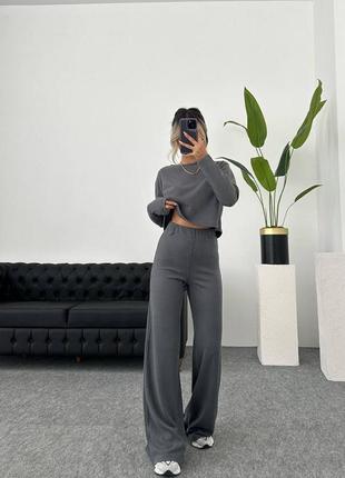 Ангоровый брючный костюм в рубчик серый графит теплый женский прогулочный комплект врубчик ангора1 фото