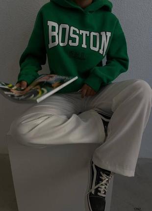 Теплий худі з капюшоном boston тринитка на флісі зелений жіночий підлітковий утеплений3 фото