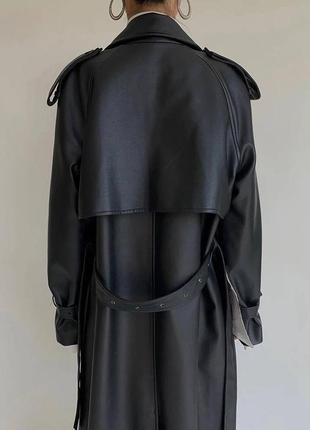 Женский чёрный кожаный тренч, удлиненный осенний плащ, плащевка, пальто2 фото