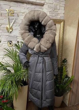 Пуховик с натуральным мехом песца чернобурка пальто зимняя2 фото