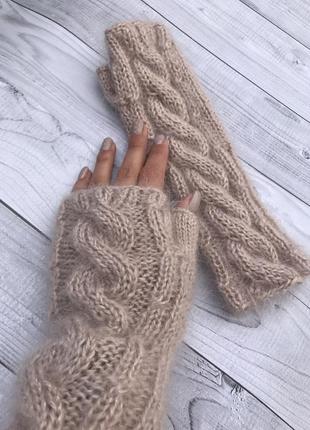 Мохерові рукавиці, теплі пухнасті мітенки бежеві, теплі мітєнки мохер