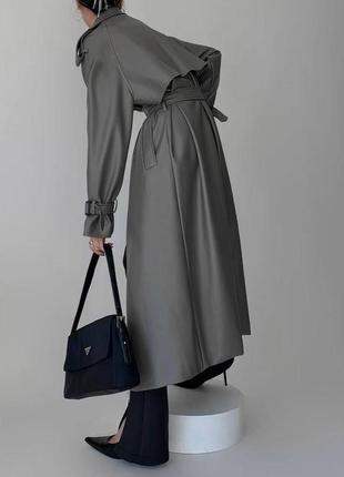 Женский серый кожаный тренч, удлиненный осенний плащ, плащевка, пальто3 фото
