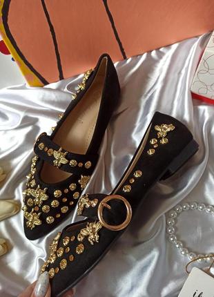 Черные замшевые туфли балетки с декором из эко замши4 фото