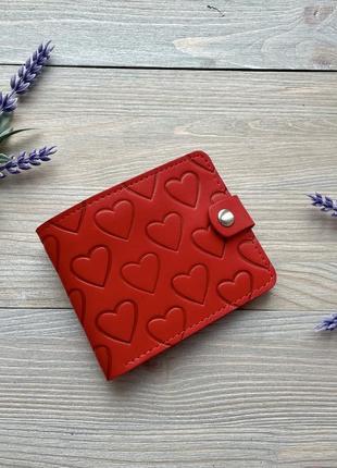 Красный женский кошелек кожаный маленький портмоне из натуральной кожи на 4 отдела « сердца» ручная работа