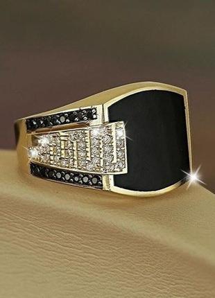 Классическое мужское кольцо с инкрустацией черного циркония в золоте размер 195 фото