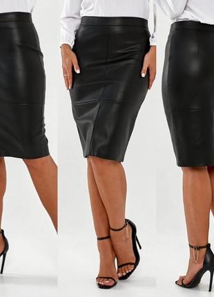 Юбка-карандаш женская стильная классическая по колено из эко кожи на замше больших размеров 46-54 арт 661