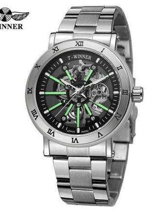 Чоловічий наручний механічний годинник з автопідзаводом forsining 8256 silver-black steel