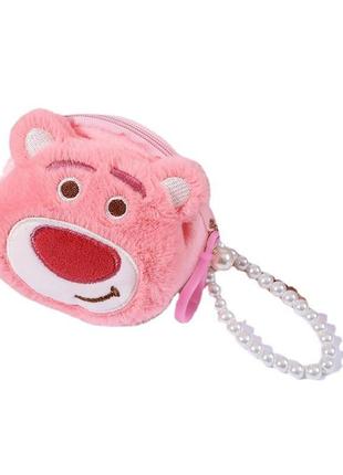 Плюшевий дитячий гаманець, мінісумочка, брелок, з ведмедем лотсо (рожевий)2 фото