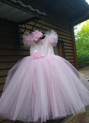 Платье на 6-7 лет розовое фатиновое размер 122-128 пышно в пол нарядное выпускное на фотосессию4 фото