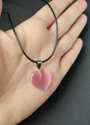 Кулон сердечко натуральный камень розовый кошачий глаз3 фото