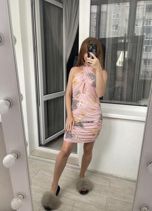 Сукня сітка драпіровка тропічний принт рожева6 фото
