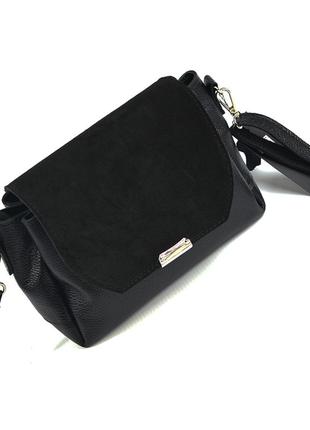 Чорна жіноча маленька сумка клатч з натуральної шкіри та замші, замшева шкіряна міні сумочка2 фото