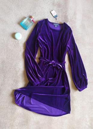 Шикарное качественное бархатное фиолетовое платье трапеция с пояском рукава фонарики3 фото