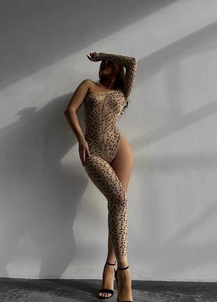 Бодистокинг комбинезон сетка на одну ногу леопард леопардовый принт сексуальный...