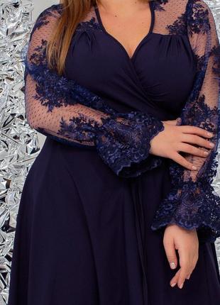 48-70р наярдное платье темно синее длинно на запах длинный рукав сетка с вышивкой нарядное платье батал4 фото
