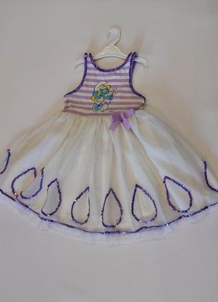 Платье с гномом смурфеткой с фатиновой юбкой цвета лаванда на 4-5 лет3 фото