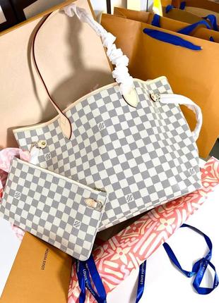 Сумка шоппер женская канва серая белая шашка кожа бежевая в стиле louis vuitton люкс
