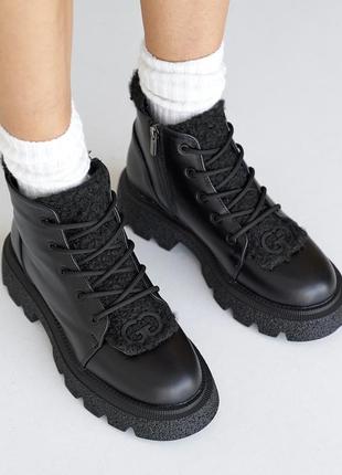 Топовые черные зимние ботинки женские,на высокой подошве, кожаные/кожа-женская обувь на зиму 2023-20242 фото