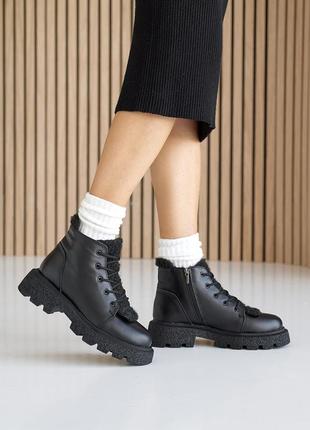 Топовые черные зимние ботинки женские,на высокой подошве, кожаные/кожа-женская обувь на зиму 2023-20243 фото