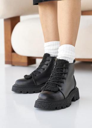 Топовые черные зимние ботинки женские,на высокой подошве, кожаные/кожа-женская обувь на зиму 2023-20246 фото