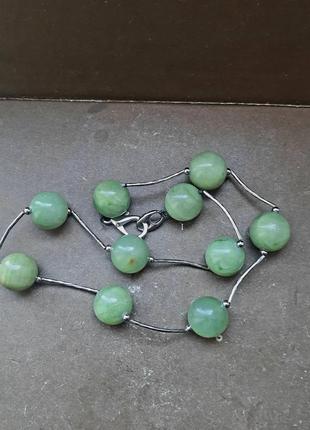 Винтажное стильное ожерелье ручной работы мельхиоровый металл и настоящий камень зеленый оникс