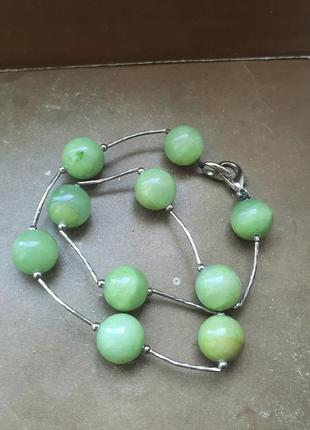 Винтажное стильное ожерелье ручной работы мельхиоровый металл и настоящий камень зеленый оникс8 фото