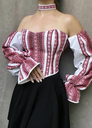 Корсет вышиванка, этно корсет с рукавами и чокер, корсет с орнаментом