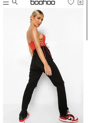 Джинсы boohoo бохо черные с разрезами с дырками на коленях с высокой посадкой талией4 фото