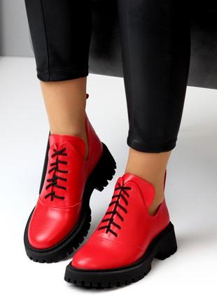 Натуральні шкіряні червоні демісезонні туфлі - черевики на шнурівці на чорній підошві7 фото