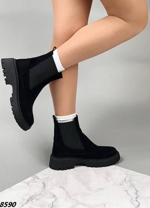 Черные зимние женские замшевые ботинки,мех с эластичными вставками 36,37,38,39,4010 фото