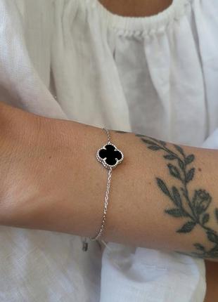 Серебряный женский браслет цветок с черным ониксом серебро 925 пробы покрыто родием бк20/1024 до 21 см 2.30г6 фото