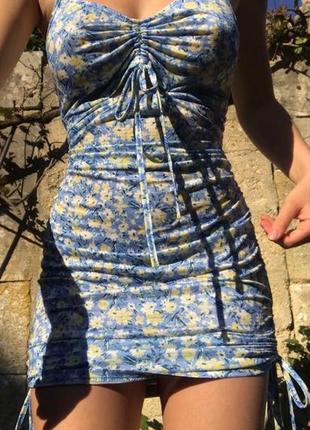 Сукня міні, сукня міді, облягаюче плаття міні на тонких бретелях, сукня квітковий принт2 фото